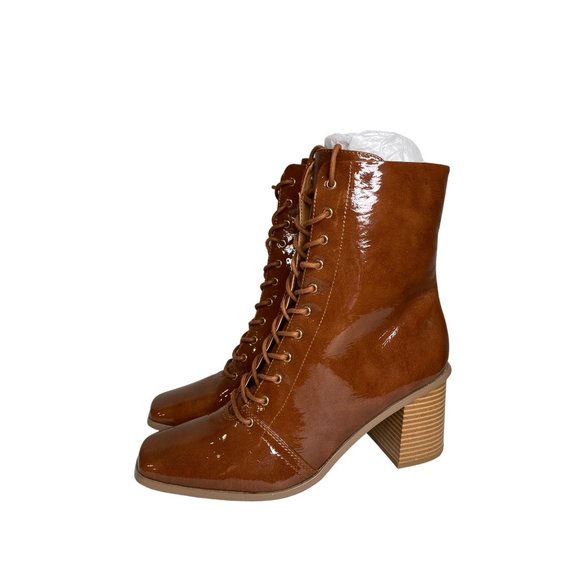 ASOS Shoes - ASOS Design Rylee Square Toe Lace Up Boot Tan Patent Brown Size 8